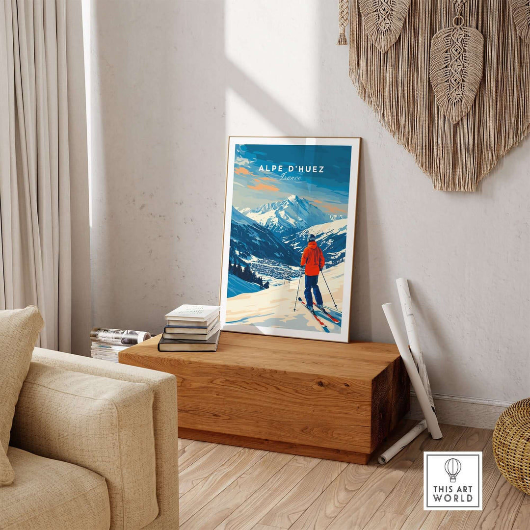 Alpe d'Huez wall art ski print displayed in modern living room, showcasing vibrant mountain scenery and ski enthusiast.