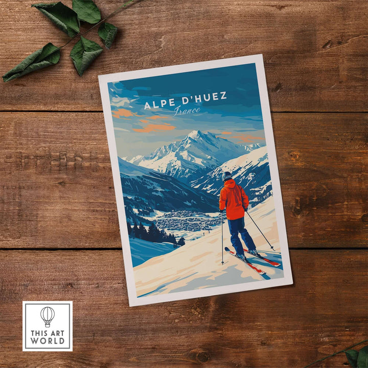 Alpe d'Huez wall art ski print featuring a skier overlooking stunning mountain slopes in vibrant colors.