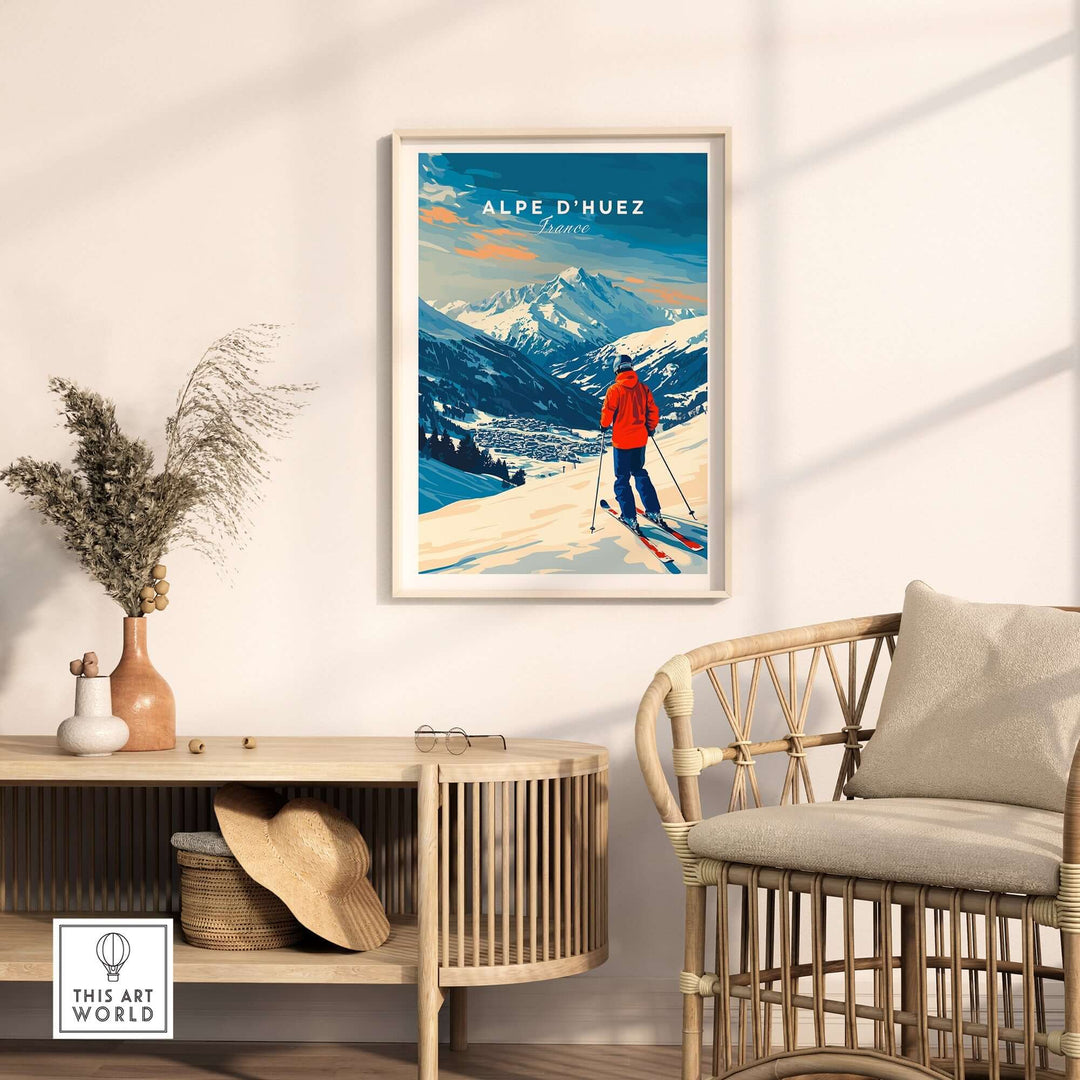 Alpe d'Huez ski print displayed in a cozy room, showcasing vibrant mountain scenery and a skier. Perfect for adventure lovers.