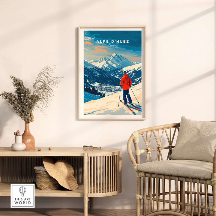 Alpe d'Huez ski print displayed in a cozy room, showcasing vibrant mountain scenery and a skier. Perfect for adventure lovers.