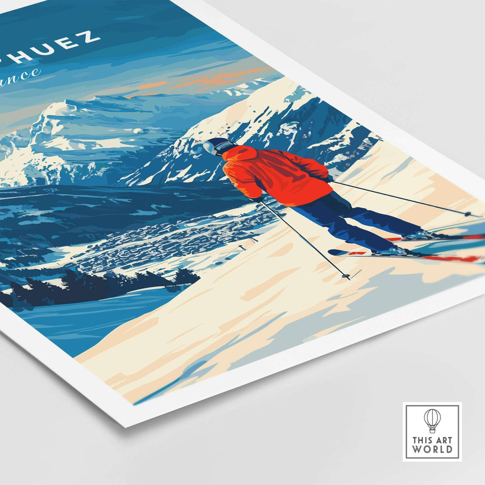 Alpe d'Huez wall art ski print featuring a skier in vibrant colors against stunning snowy mountain scenery.