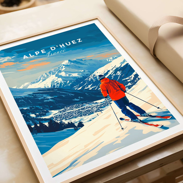 Alpe d'Huez wall art ski print featuring a skier on snowy slopes with mountain views in vibrant colors. Perfect for ski enthusiasts.