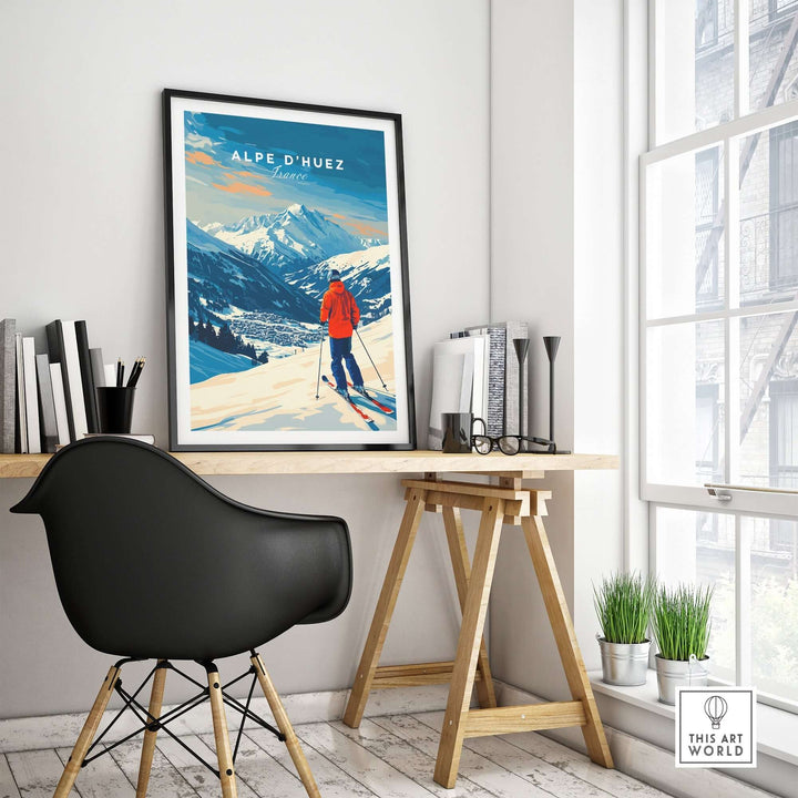 Alpe d'Huez wall art ski print displayed in a stylish home office, showcasing stunning mountain scenery and vibrant colors.