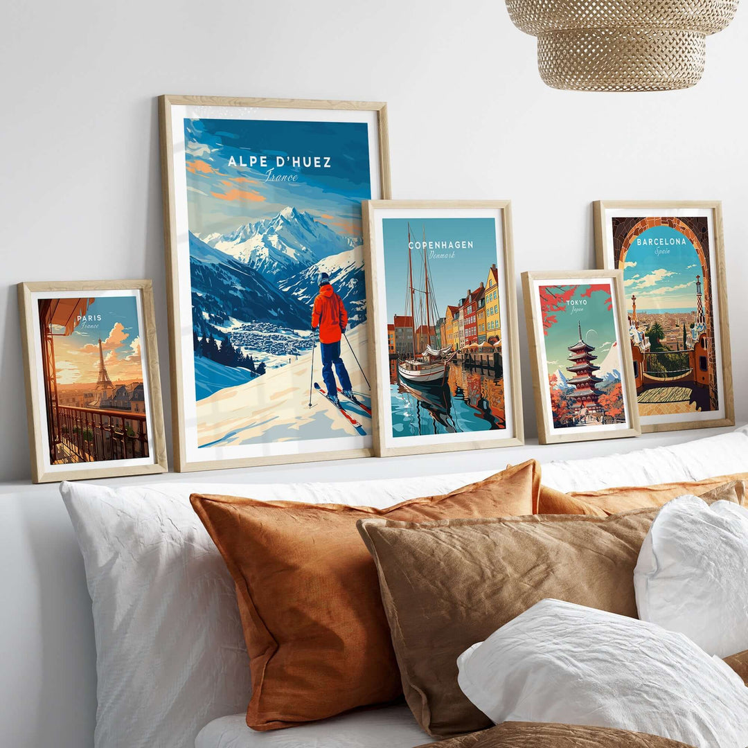 Alpe d'Huez ski wall art print displayed among other travel-themed prints in a cozy living room setting.