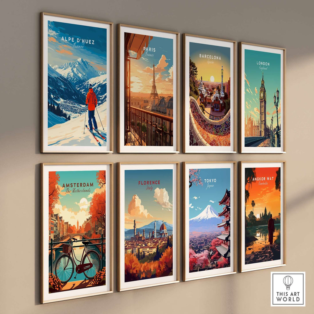 Alpe d'Huez wall art ski print among travel-themed posters showcasing iconic cities and breathtaking landscapes.