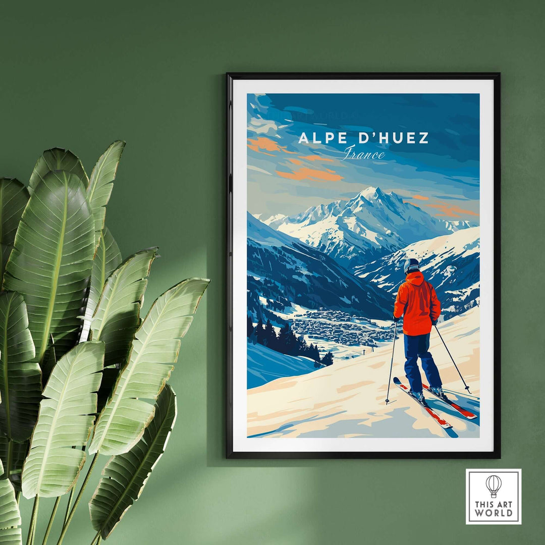 Alpe d'Huez ski wall art print featuring a skier on the slopes with stunning mountain views, perfect for adventure lovers.