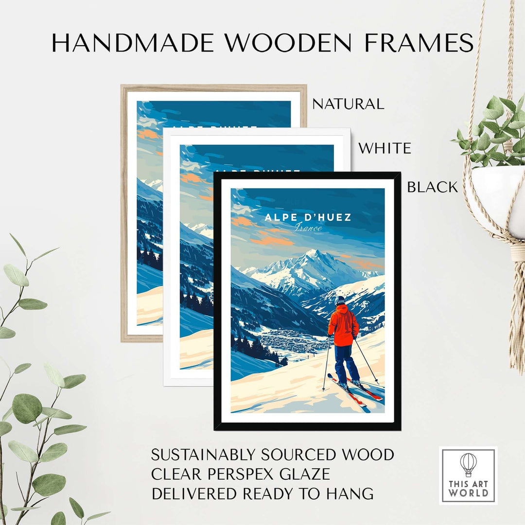 Three handmade wooden frames for Alpe d'Huez ski print, showcasing natural, white, and black options, ready to hang.