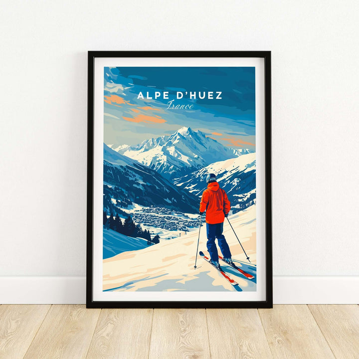 Alpe d'Huez wall art print featuring a skier on snowy slopes with mountains in the background, perfect for ski lovers.