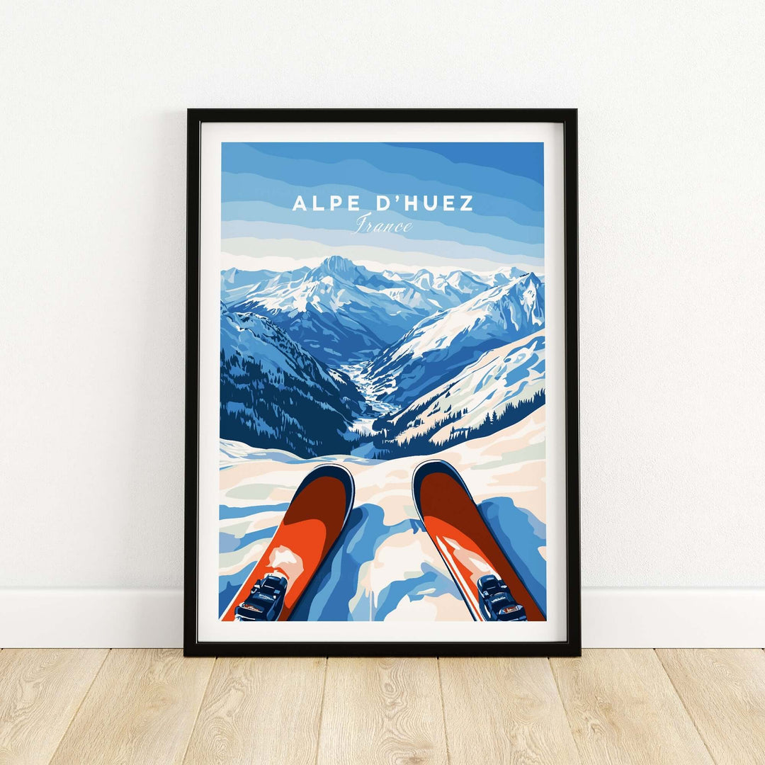 Alpe d'Huez wall art featuring snowy mountains and vibrant skis, perfect for adding elegance to any room.