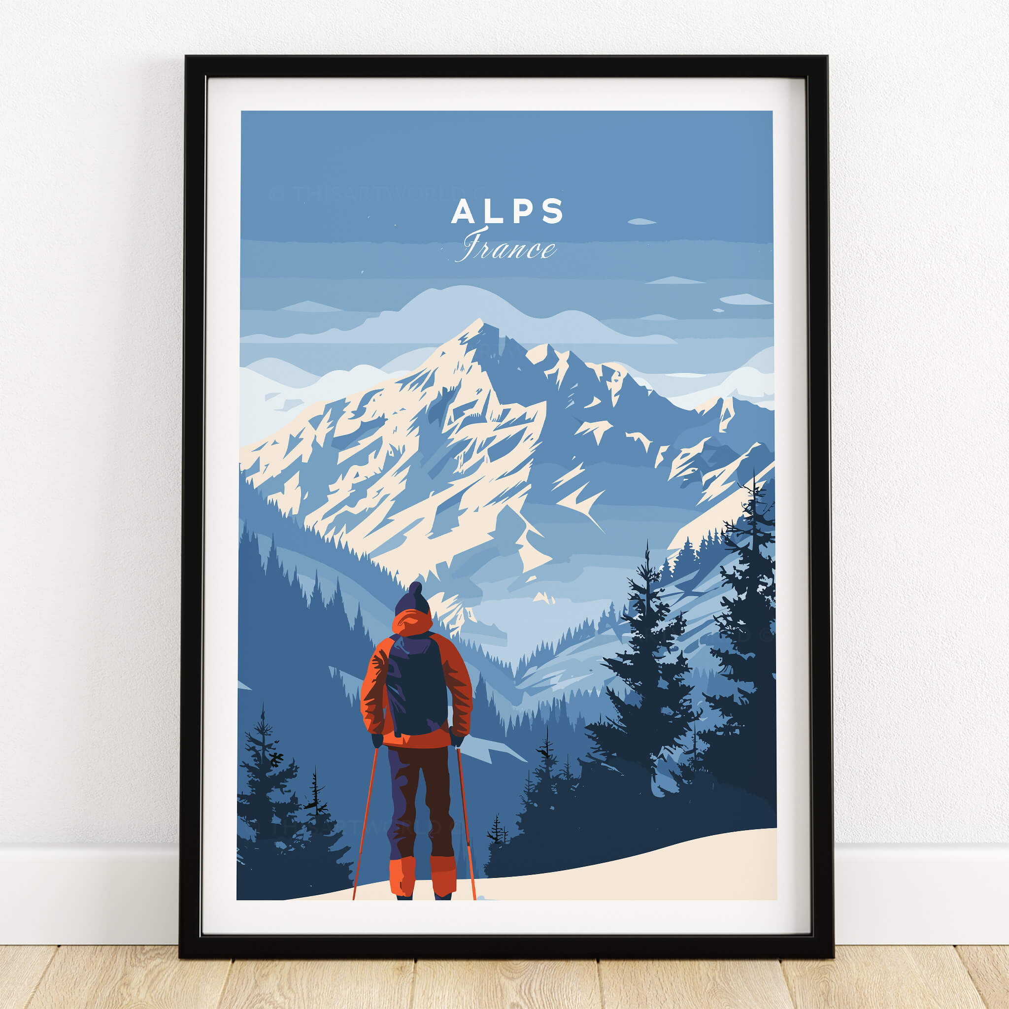 Alps Travel Poster - France featuring a scenic mountain view and a hiker silhouetted against the stunning Alps.