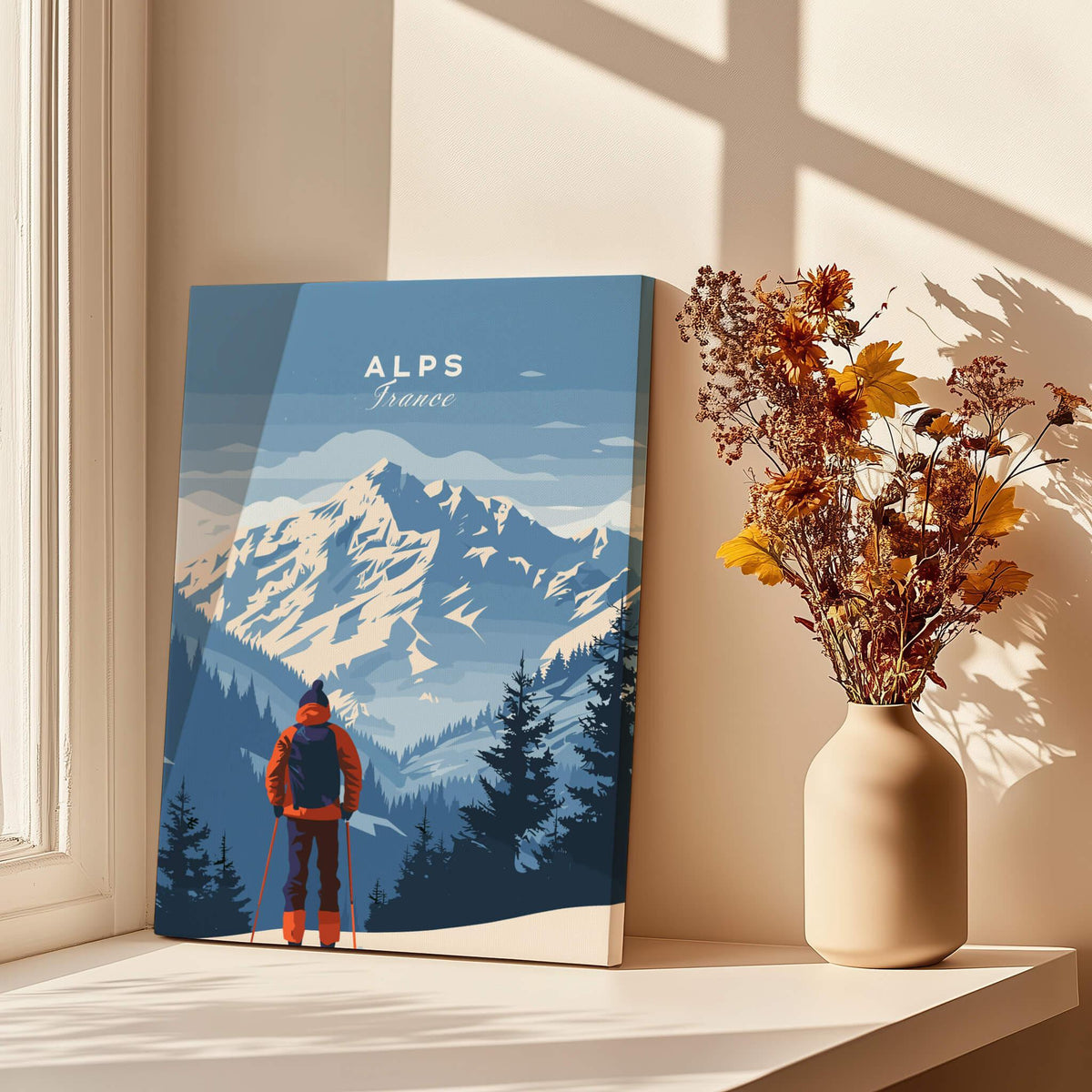 Alps Travel Poster - France showcasing mountains and a hiker in a cozy home setting.