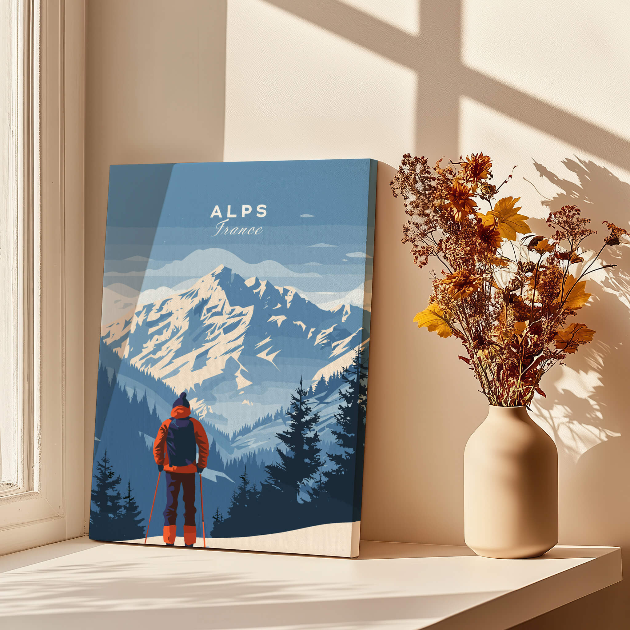 Alps Travel Poster - France showcasing mountains and a hiker in a cozy home setting.