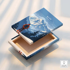 Alps Travel Poster - France design with mountain scenery and a person overlooking the landscape.