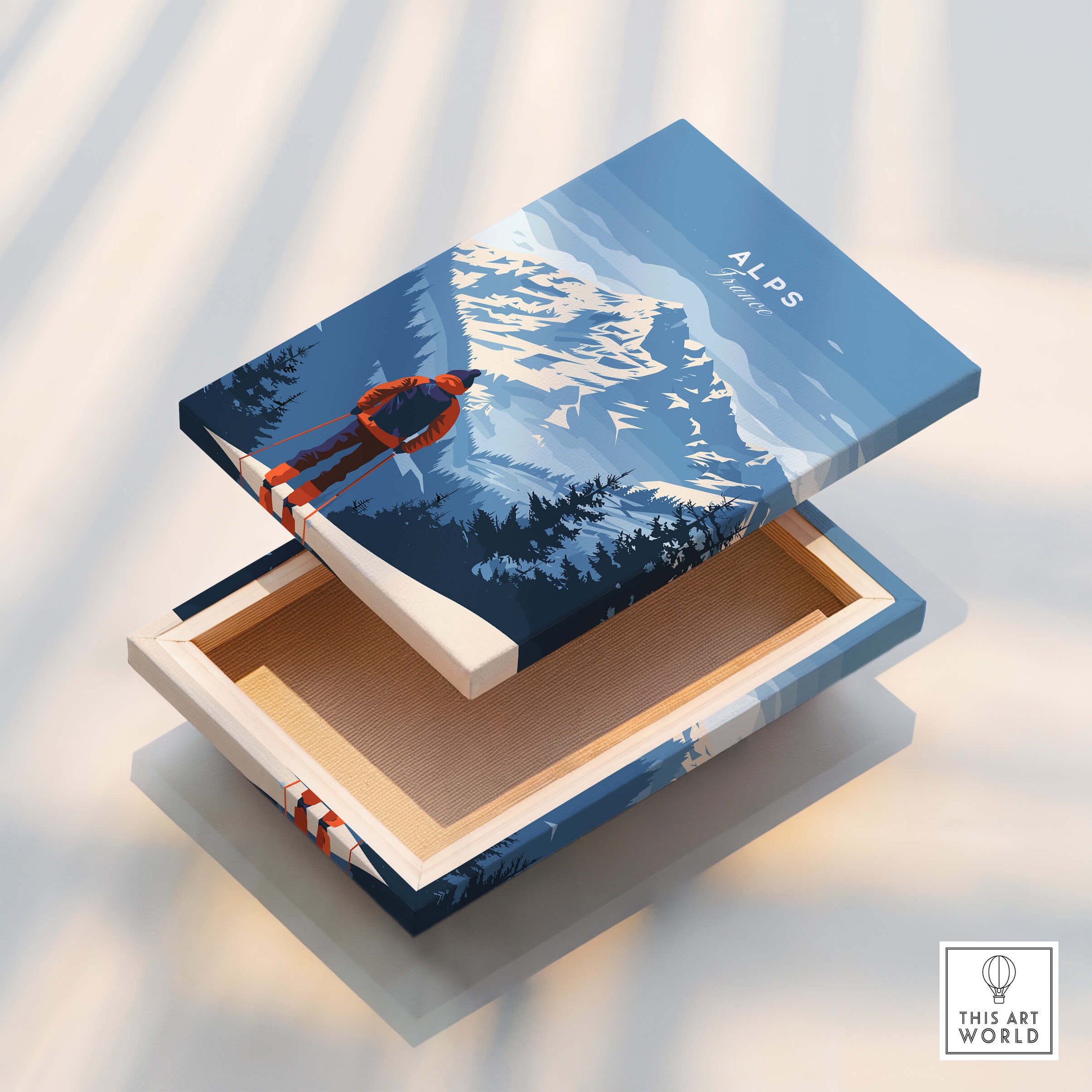 Alps Travel Poster - France design with mountain scenery and a person overlooking the landscape.