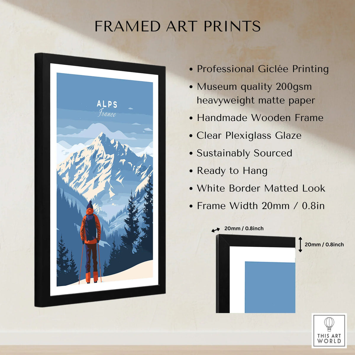 Alps Travel Poster - France featuring stunning mountains and a hiker in a framed print, ideal for home decor.