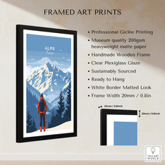 Alps Travel Poster - France featuring stunning mountains and a hiker in a framed print, ideal for home decor.