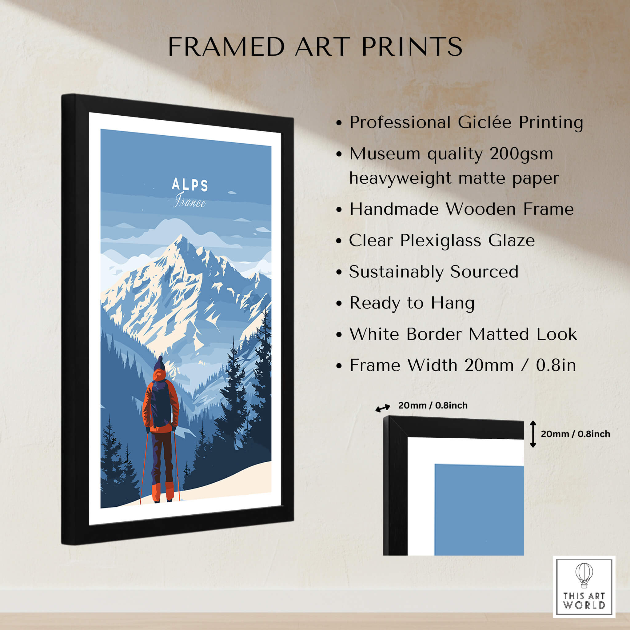 Alps Travel Poster - France featuring stunning mountains and a hiker in a framed print, ideal for home decor.