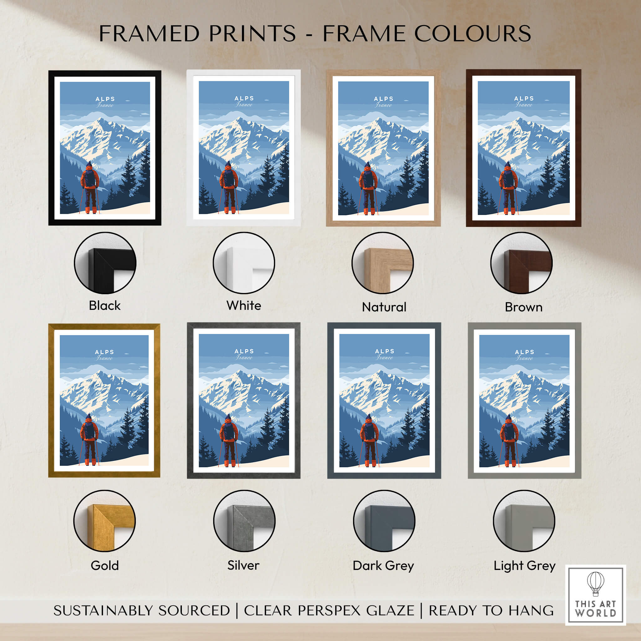 Alps Travel Poster - France framed print color options including black, white, natural, brown, gold, silver, dark grey, and light grey.