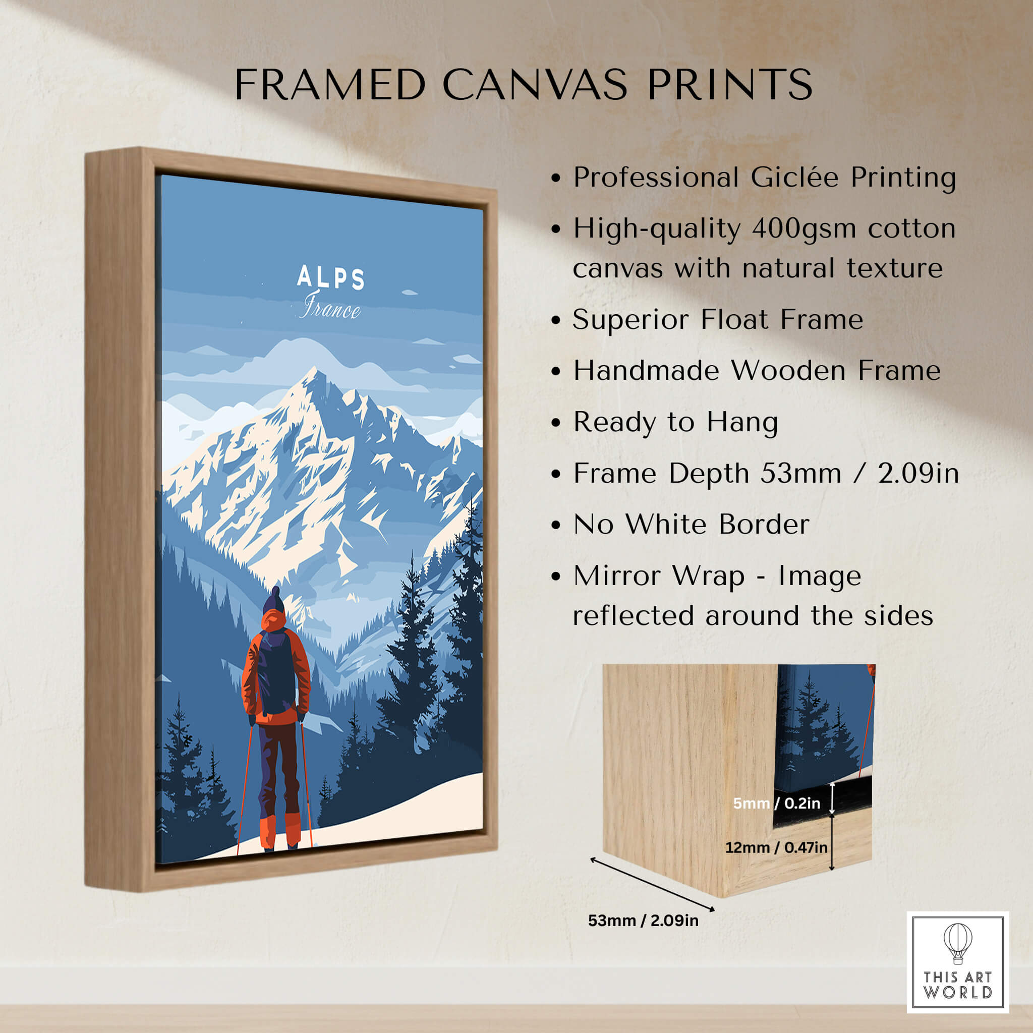 Alps Travel Poster - France framed canvas print featuring stunning mountain scenery and a hiker.