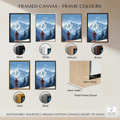 Alps Travel Poster - France framed canvas options in various colors including black, white, natural, brown, gold, and silver.
