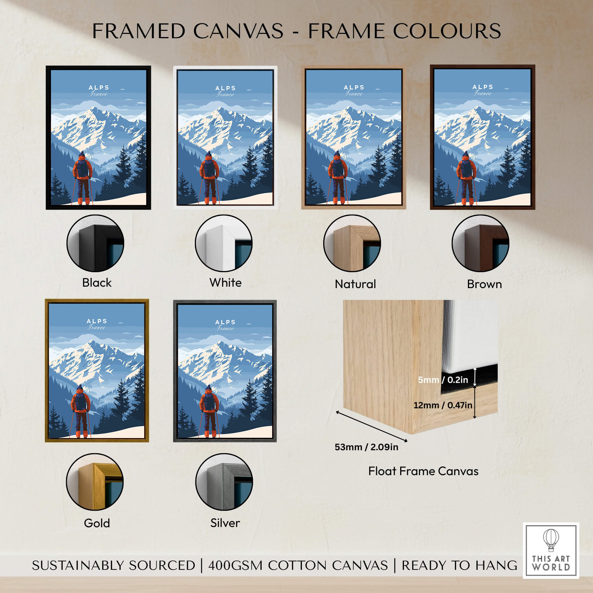Alps Travel Poster - France framed canvas options in various colors including black, white, natural, brown, gold, and silver.