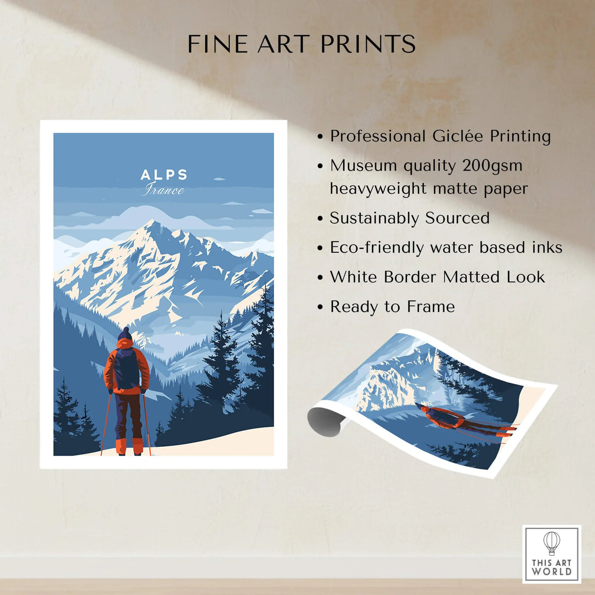 Alps Travel Poster - France featuring stunning mountain landscape and a hiker in the French Alps.
