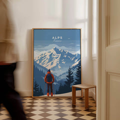 Alps Travel Poster - France featuring majestic mountains and a hiker, perfect for home decor.