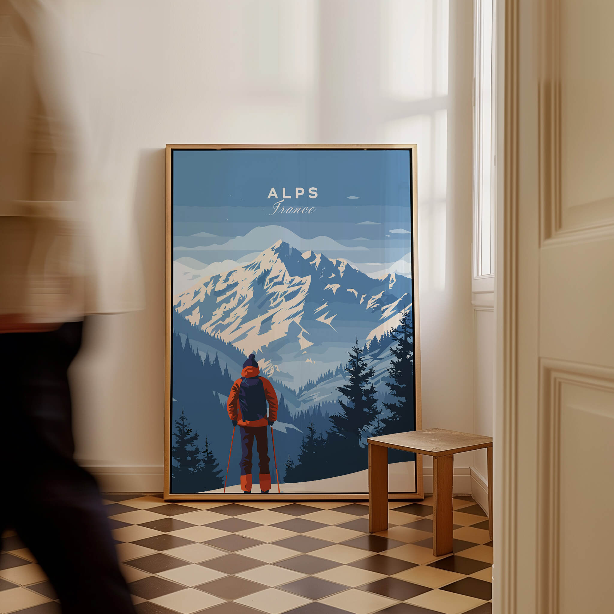 Alps Travel Poster - France featuring majestic mountains and a hiker, perfect for home decor.