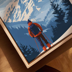 Alps Travel Poster - France featuring a skier in a picturesque mountain landscape with snow