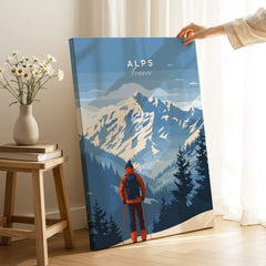 Alps Travel Poster - France featuring stunning mountain peaks and a hiker in the foreground, perfect for home decor.