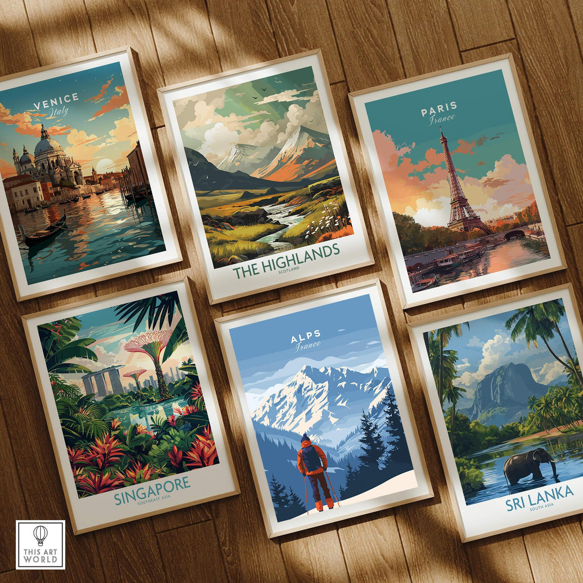 Alps Travel Poster - France among various travel posters like Venice, Paris, and Singapore, showcasing stunning landscapes.