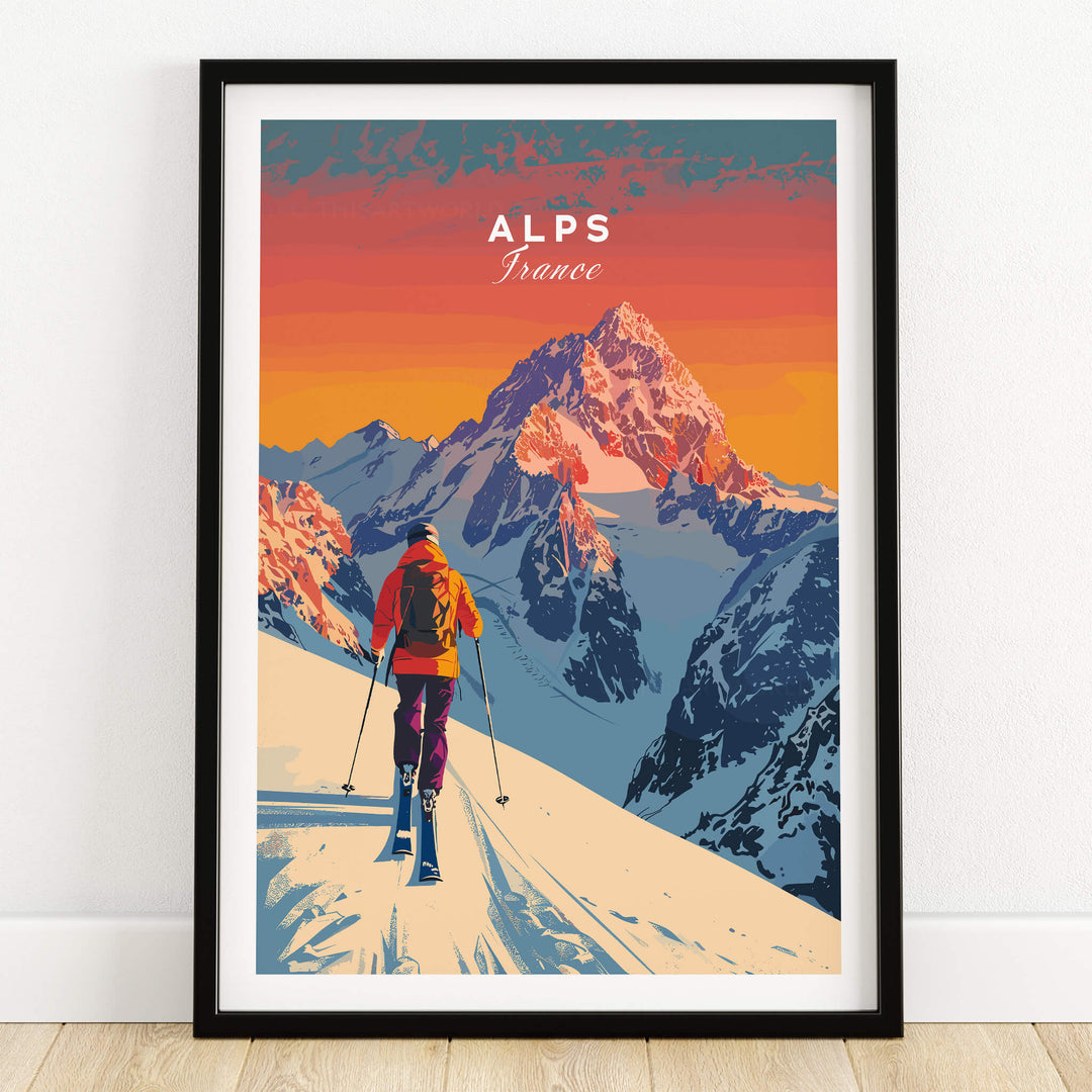 Alps Print France ski poster featuring a skier in the French Alps with vibrant colors and stunning mountain scenery.