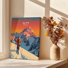 Alps Print France ski poster featuring vibrant colors and a skier on snowy mountains.