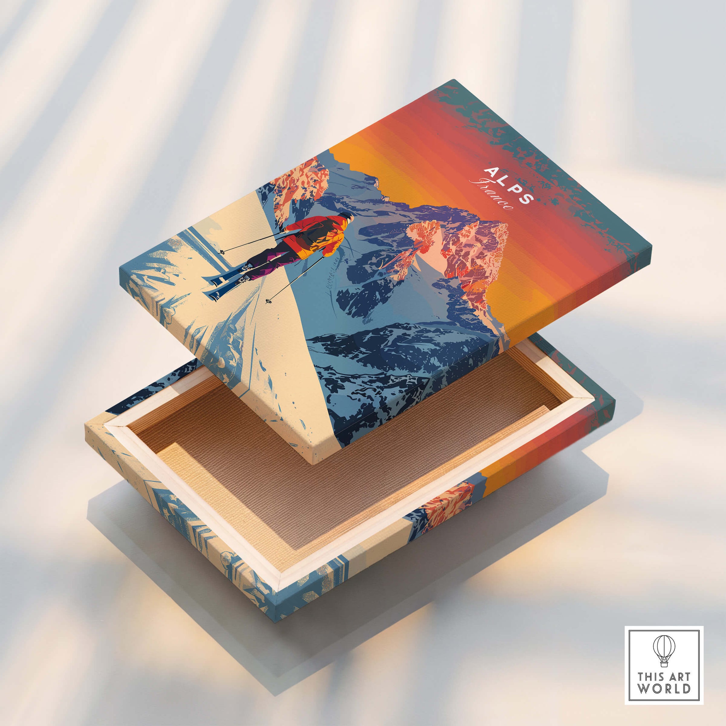Alps Print France ski poster box showcasing vibrant colors and mountain scenery.