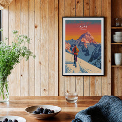 Alps Print France ski poster showcasing a skier on snowy slopes with vibrant sunset colors.