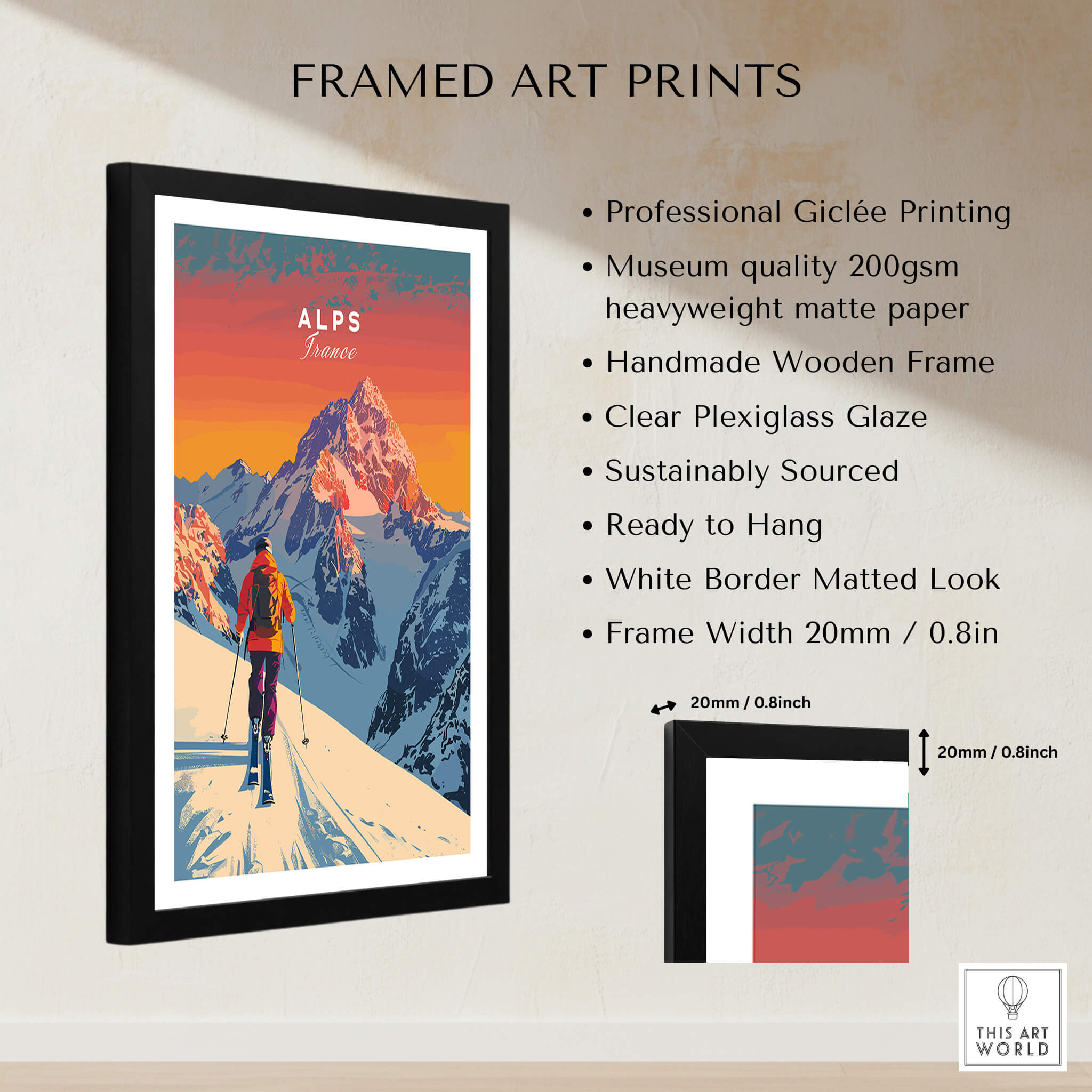 Alps Print France framed art print showcasing vibrant ski scene with wooden frame and plexiglass glaze.