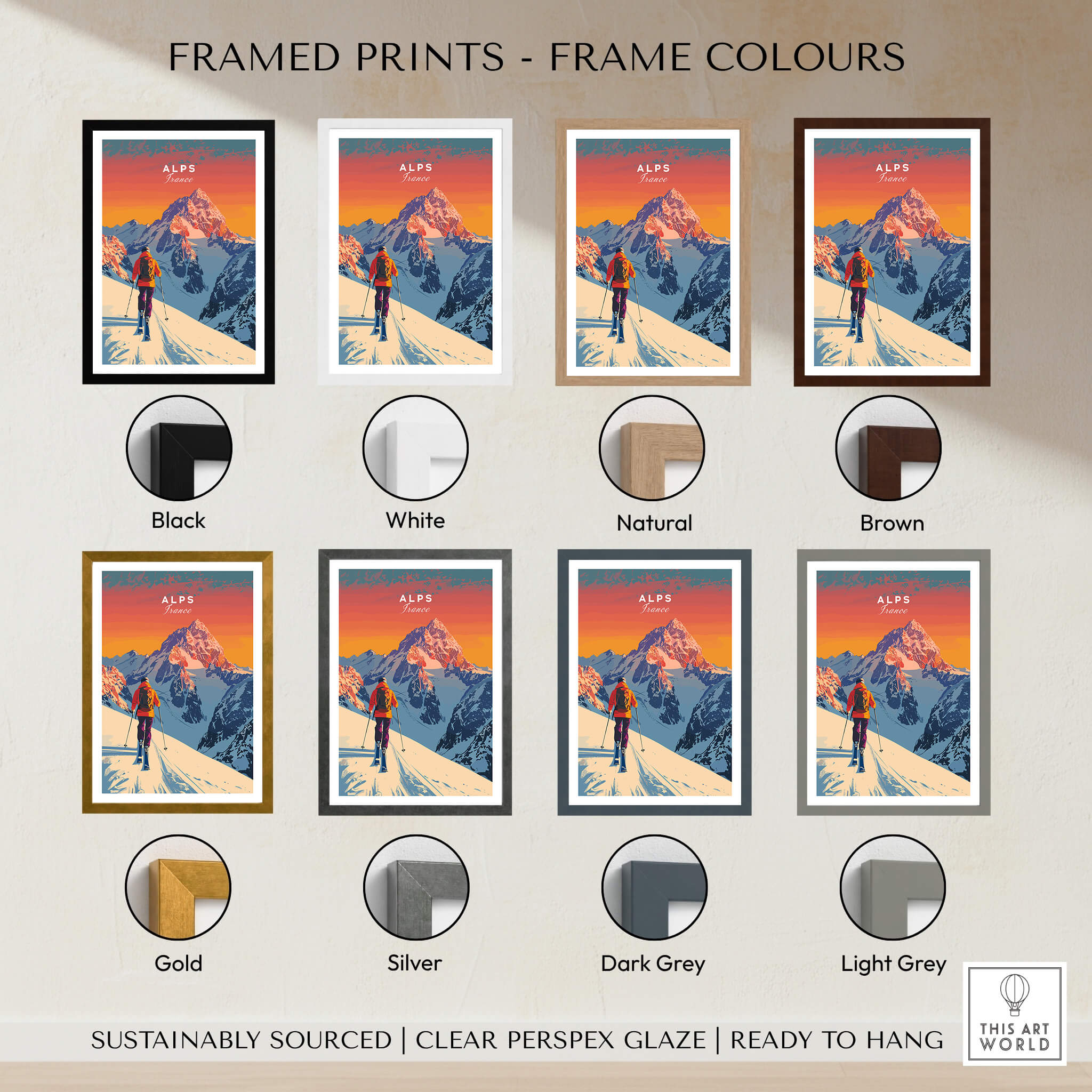 Alps Print France framed prints in various colors, showcasing the beauty of the French Alps for stylish decor.