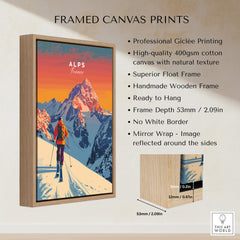 Alps Print France framed canvas print showcasing snowy mountains and vibrant sunset colors.