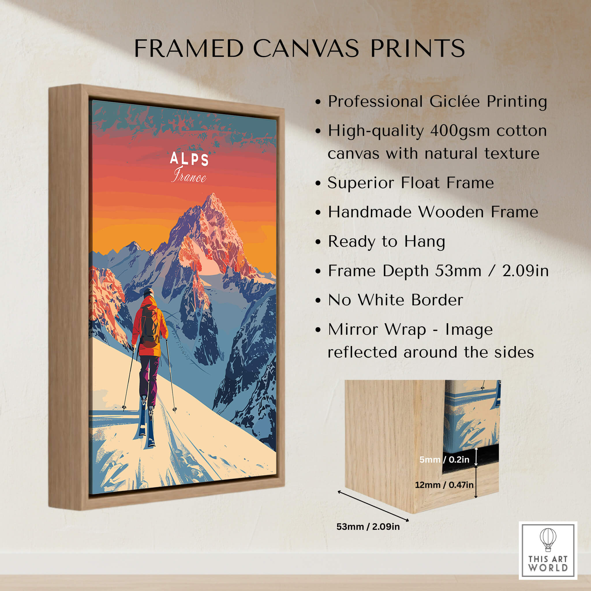 Alps Print France framed canvas print showcasing snowy mountains and vibrant sunset colors.