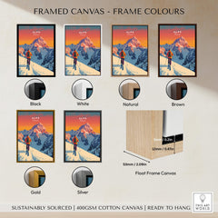Alps Print France framed canvas options in various colors including black, white, natural, brown, gold, and silver.
