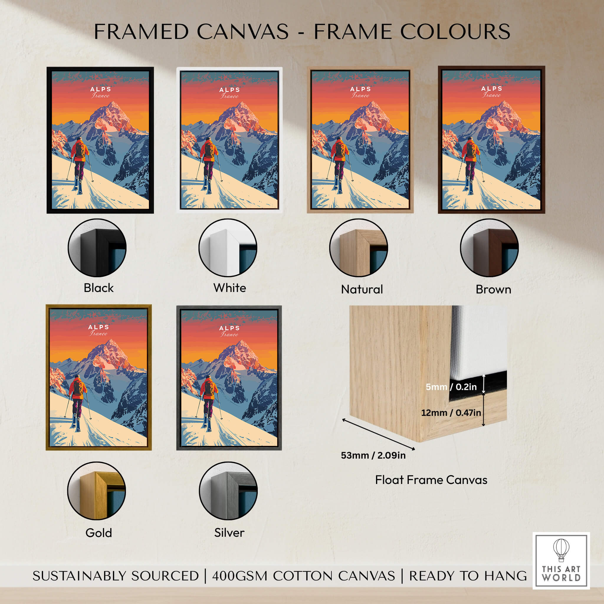 Alps Print France framed canvas options in various colors including black, white, natural, brown, gold, and silver.