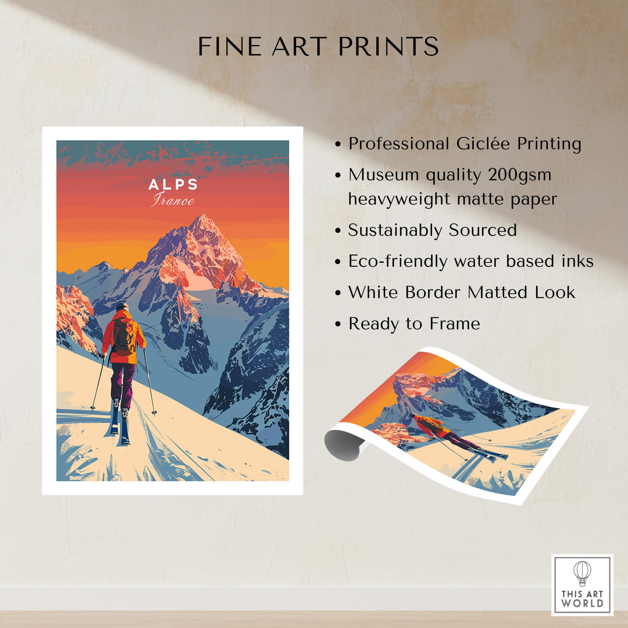 Alps Print France ski poster showcasing vibrant colors and stunning details, perfect for adventure enthusiasts.