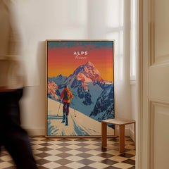 Alps Print France ski poster showcasing a vibrant sunset over the snowy Alps in France, enhancing home decor.