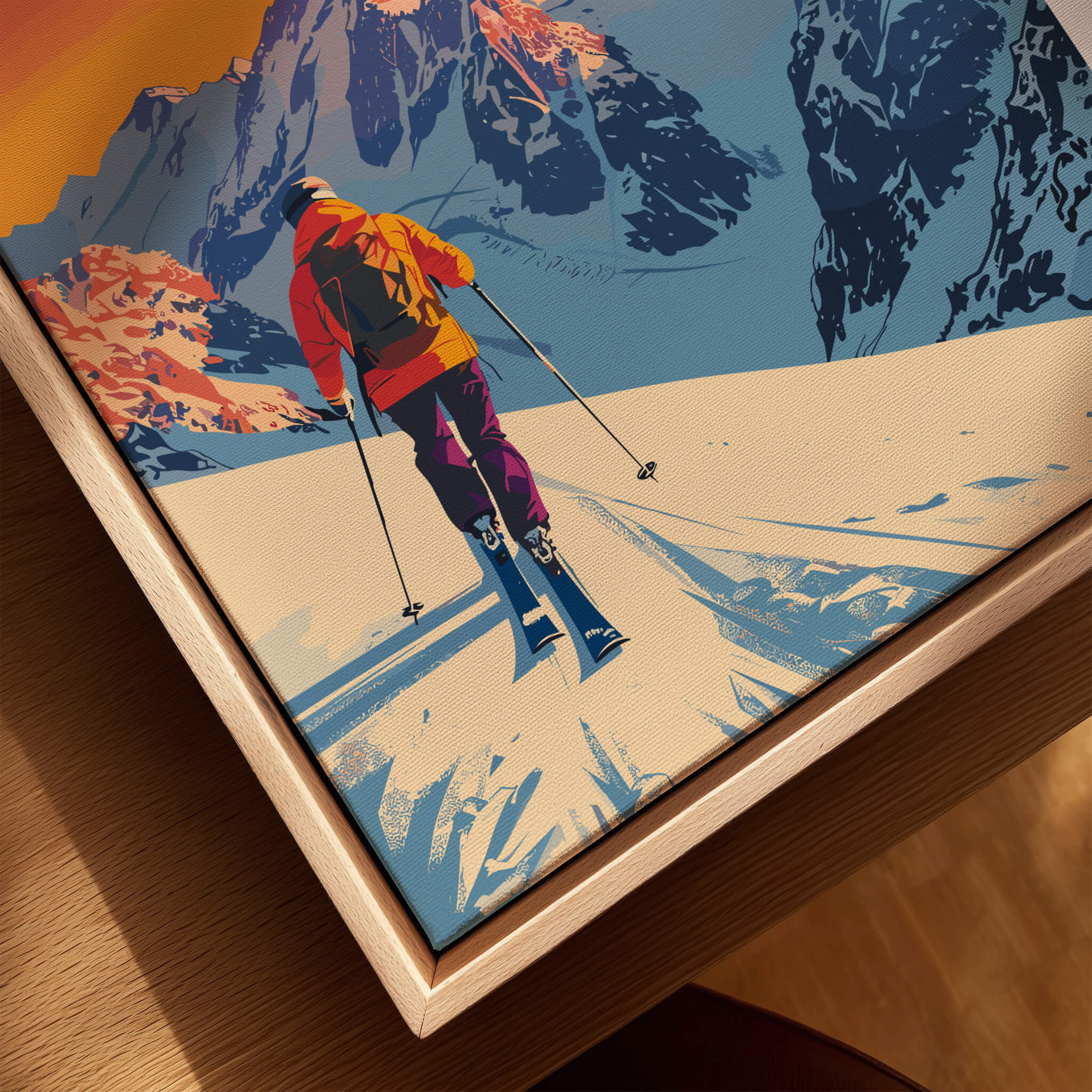 Alps Print France ski poster showcasing a skier descending snowy slopes with beautiful mountain scenery.