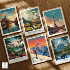 Alps Print France ski poster among travel posters of Venice, Paris, Singapore, the Highlands, and Sri Lanka
