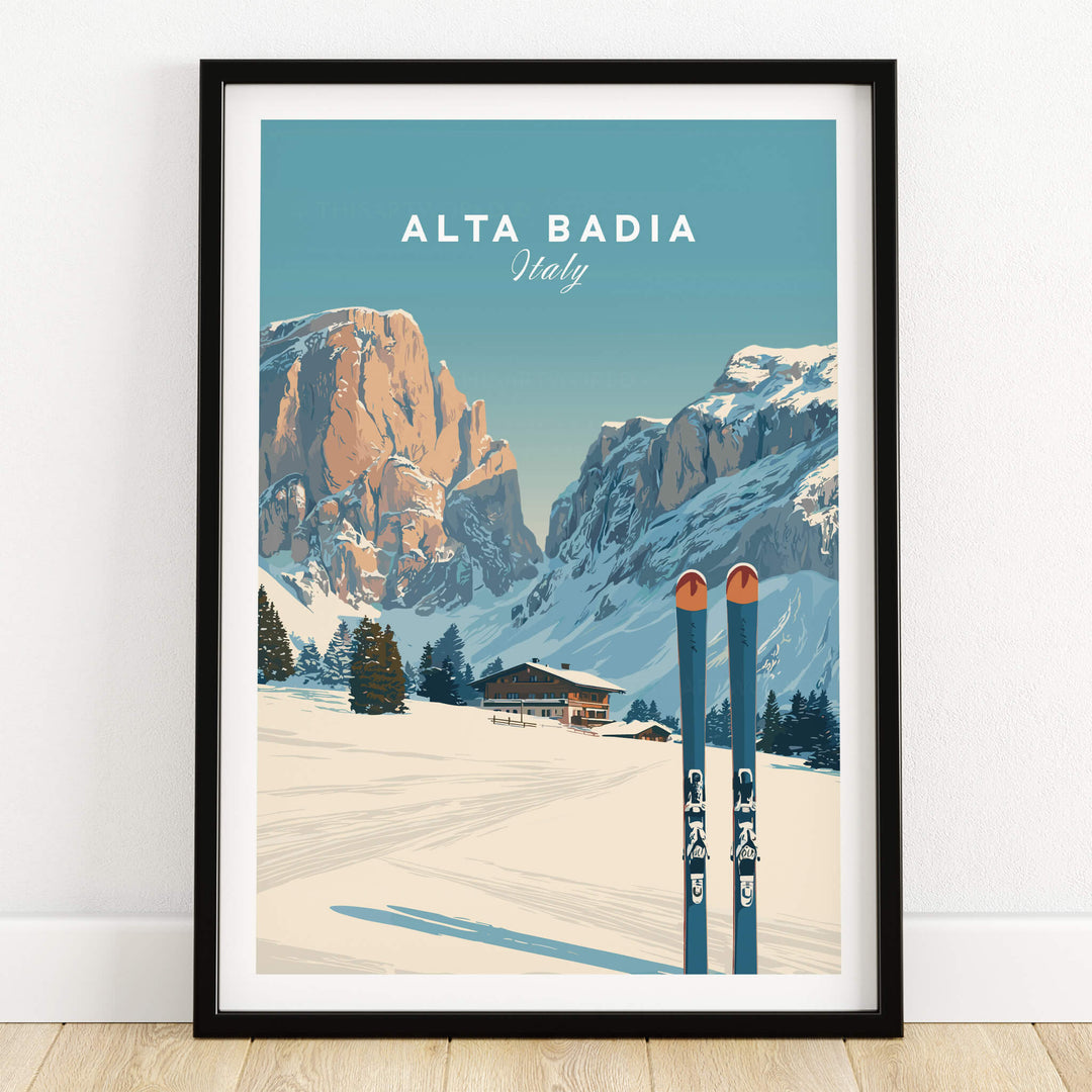 Alta Badia Italy Ski Resort Print - Dolomites Skiing Poster featuring a scenic alpine landscape and ski equipment.