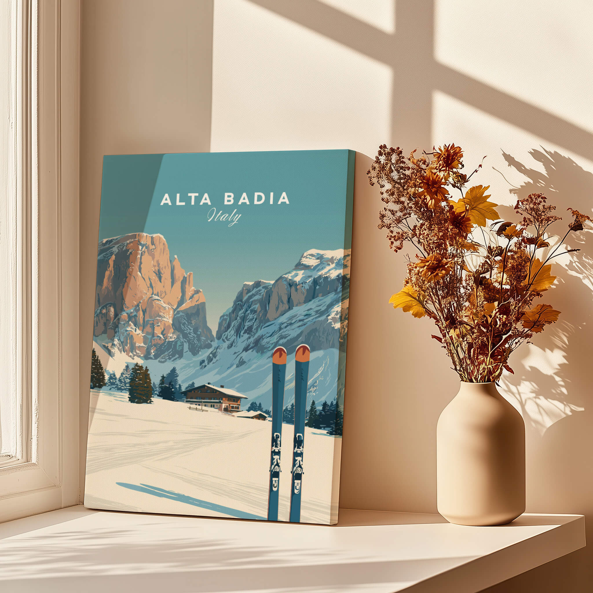 Alta Badia Italy Ski Resort Print - Dolomites Skiing Poster displayed with a vase of dried flowers in a bright room