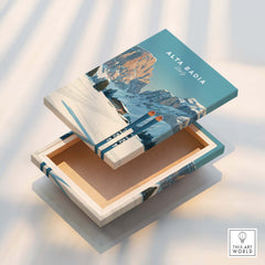 Alta Badia Italy Ski Resort Print - Dolomites Skiing Poster on an elegant wooden box.