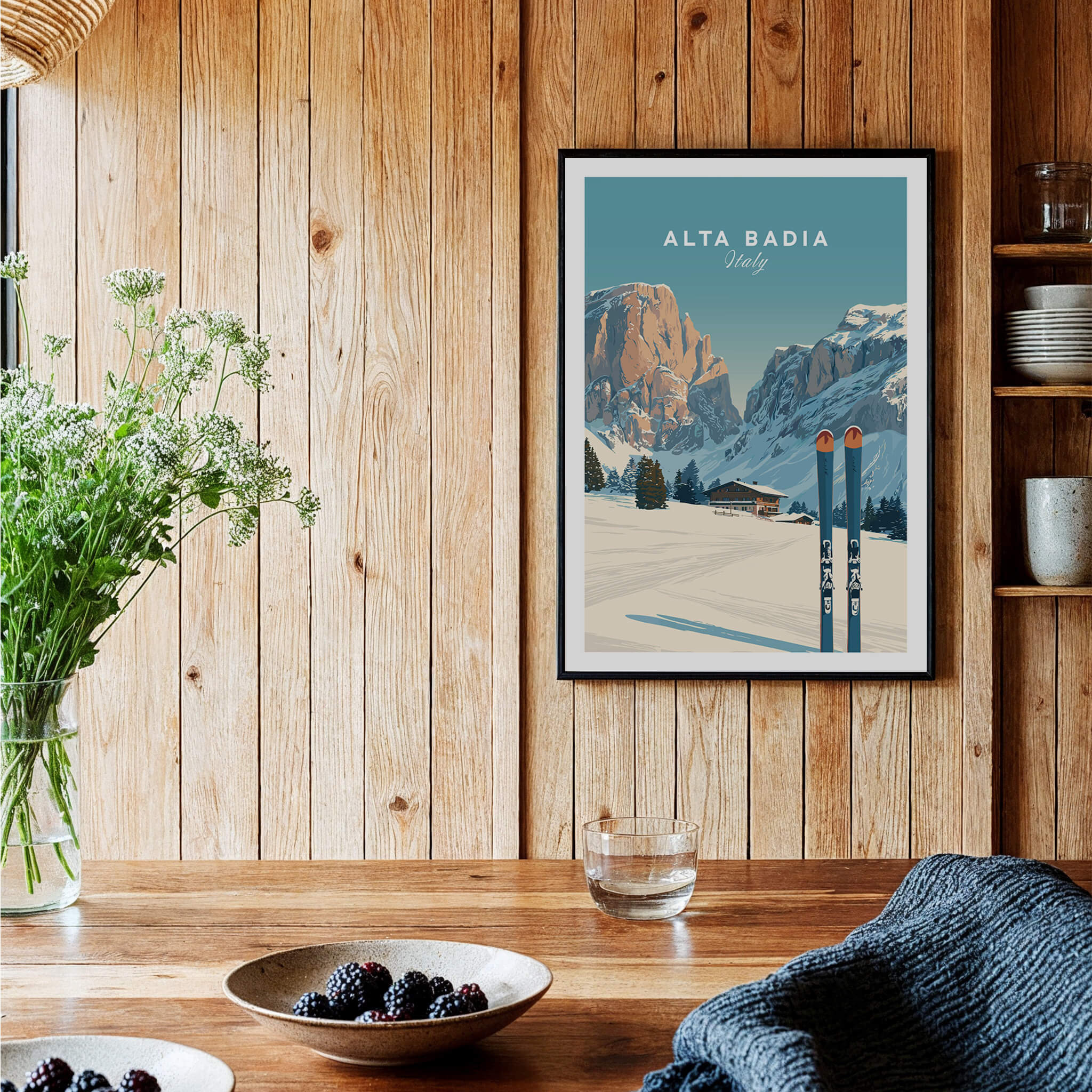 Alta Badia Italy Ski Resort Print - Dolomites Skiing Poster displayed on a rustic wooden wall, showcasing alpine beauty.