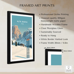 Alta Badia Italy Ski Resort Print - Dolomites Skiing Poster in a framed artwork display.